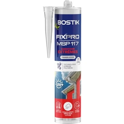 Image de Bostik FIXPRO Mastic Colle de Fixation MSP 117 Conditions Extrêmes Intérieur/Extérieur Collage Même Sous la Pluie Hybride Polymère Transparent 1 Cartouche 290 ml