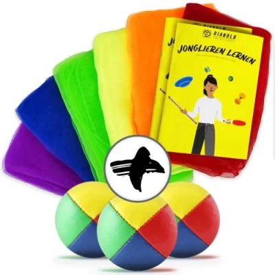 Image de Diabolo Freizeitsport Kit de Démarrage Jonglage pour Débutants avec 6X Tissus (60x 60cm), 3 Balles (62 mm) Guide Astuces inclu (ENG/DE) Idéal comme Cadeau