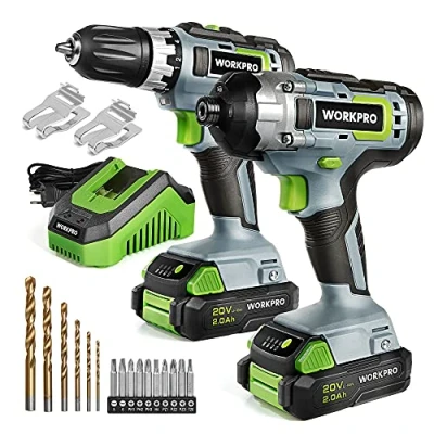 Image de WORKPRO Perceuses Combi 20V avec 2 Batteries 2,0Ah, Perceuse Visseuse sans Fil à Double Vitesse 18+1 Couple, et Choc 130Nm, Charge Rapide en 1H, 16 Accessoires Compris