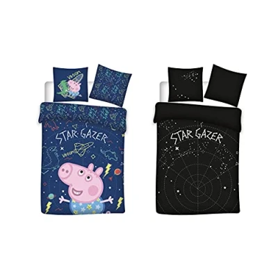 Image de BrandMac Parure de lit Peppa Pig,100x135 cm et 40x60 cm,Motif Star Gazer avec George,Parure pour enfant réversible,Brille dans le noir,Taie d&#039;oreiller housse couette en 100 % coton