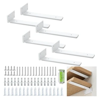 Image de équerre étagère robustes 20 cm/8 pouces, 4 mm d&#039;épaisseur, lot de 6 supports d&#039;étagère blancs cachés flottants, industriels rustiques avec finition en fer moderne