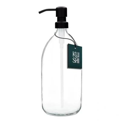 Image de Kuishi Distributeur de flacons à Pompe en Verre Transparent [1000 ML, Noire] Flacon Rechargeable avec Acier Inoxydable, respectueux l&#039;environnement (sans BPA)