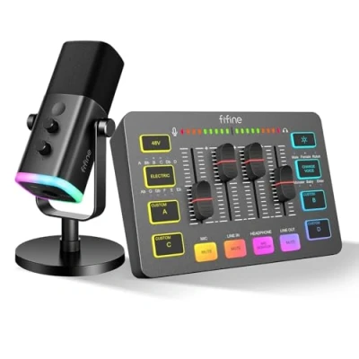 Image de FIFINE USB/XLR Streaming Micro Dynamique, Gaming Audio Mixer, RGB PC Mixer avec Interface Microphone XLR (AM8 + SC3)