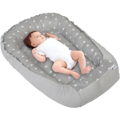 Image de Medi Partners Reducteur de lit Bébé Cocon 100x60x15cm 100% Coton Waffle Baby Nest Nouveau né Nid Bébés Oreiller Couverture Fermoir sécurisé (Étoiles avec Gris Waffle)