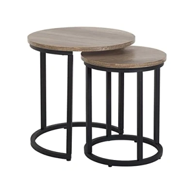 Image de Lot 2 Tables Basses d&#039;Appoint Plateux Ronds Effet Bois Foncé et Structure en Métal Noir Design Moderne pour Salon au Style Industriel Beliani