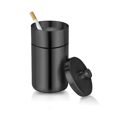 Image de cgaplus Cendrier de voiture avec couvercle anti odeurs en acier inoxydable portable pour porte gobelet amovible coupe vent éteint seau à cigarettes extérieur, maison, bureau Noir