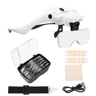 Image de Lunette loupe grossissante,Loupe pour tête,éclairée Serre tête en Verre avec 5LED Travail de proximité, Bijoux, réparation Montres,Crafts, Aide à la Lecture