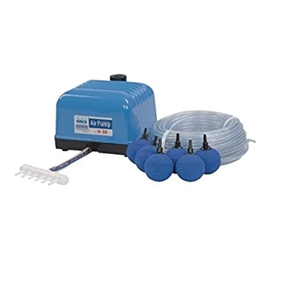 Image de AquaForte Hi Flow V 30 Pompe à air, kit complet avec distributeurs d&#039;air, 25 m de tuyau 4 x 6 mm et pierres air 5 cm, capacité 2 mètres 7 litres par minute, bassin maximum 18 m3