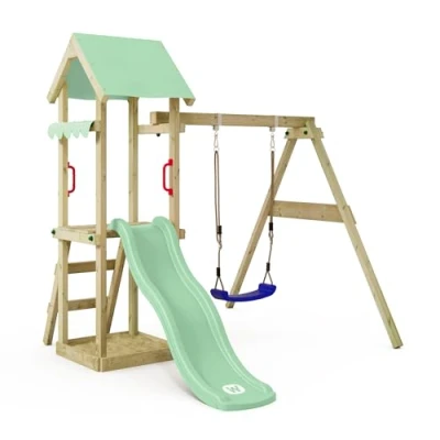 Image de WICKEY Aire de Jeux TinyWave portique en Bois avec balançoire et Toboggan Vert, Tour d&#039;escalade pour Enfants bac à Sable, échelle Accessoires Jeu Le Jardin.