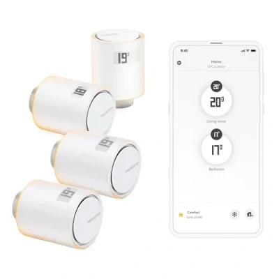 Image de Netatmo Pack 4 Têtes thermostatiques Connectées et Intelligentes, Accessoire pour Thermostat Connecté Intelligent, Vannes Radiateurs, NBU NAV EU