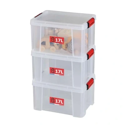 Image de SUNDIS Clip’N Store, lot de 3 boîtes rangement 17L en plastique transparent, renforcées avec couvercle clipsable, aptes au contact alimentaire, parois droites, superposables et combinables