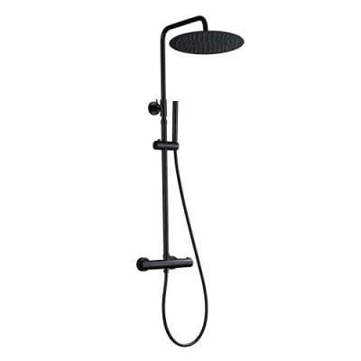 Image de JOHO Colonne de Douche Noir 38 ℃ Mitigeur Thermostatique Réglable en Hauteur Set Kit INOX 304 avec Douchette et Pommeau Rond D30cm