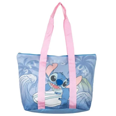 Image de Sac de plage Stitch Bleu 47x33x15cm Fabriqué en polyester tissu avec fermeture éclair Compartiment principal spacieux Produit Original Espagne