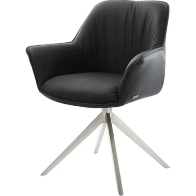 Image de Chaise pivotante Keila Flex avec accoudoirs cuir de vache noir pied croisé large acier inoxydable brossé pivotement sur 360 fonction bascule