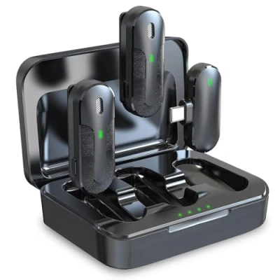 Image de Technaxx Dual Wireless Mini Microphone Set TX 301 2 Microphones Cravate sans Fil avec réduction Intelligente du Bruit, récepteur USB C, étui de Chargement, Clip on Idéal pour Le podcasting