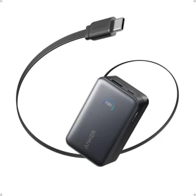 Image de Anker Nano Batterie Externe 10000 mAh avec câble rétractable InstaCord 70 cm, Banque d’Alimentation compacte 45 W Max Power Bank, Affichage Intelligent, pour iPhone 16 Pro Max, iPad, Galaxy, Pixel