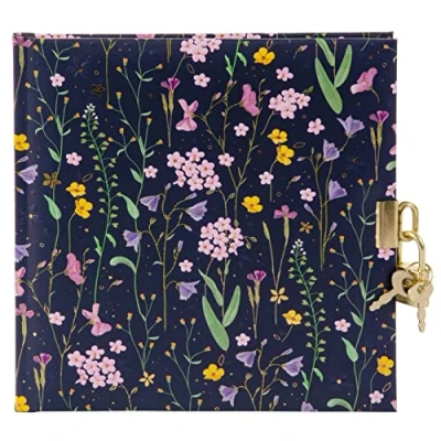 Image de goldbuch 44 154 Meadow Miracles Blue Journal intime avec cadenas et 2 clés Motif fleurs 16,5 x 1,5 cm 96 pages blanches Couverture Impression artistique Livre pour notes en bleu