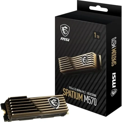 Image de MSI SPATIUM M570 SSD 1TO avec Heatsink Disque Interne PCIe 5.0 NVMe M.2, Lecture 9500 MB/s, Écriture 8500 3D NAND, Sécurité des Données Intégrée, Center Garantie 5 Ans (700 TBW)