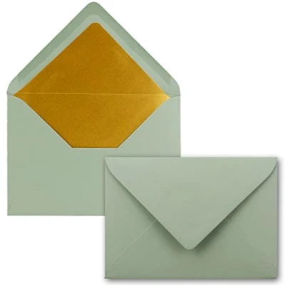 Image de FarbenFroh by GUSTAV NEUSER Lot de 50 enveloppes pour lettres Format B6 Doublure intérieure en papier métallique doré 12,5 x 17,6 cm Eucalyptus Nervuré Collage par humectation