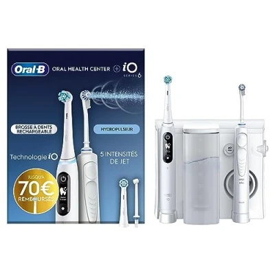 Image de Oral B Health Center Hydropulseur Dentaire et Brosse à Dents Électrique iO6, Jet Dentaire, 1 Canule Oxyjet, Water Jet, 4 Jets d&#039;Eau 5 Pressions, 2 Brossettes, Rechargeable