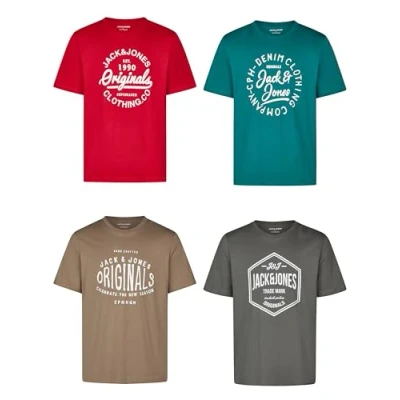 Image de JACK &amp; JONES JJLINO Lot de 4 t shirts à col rond et manches courtes, Coupe droite, Imprimé été, 100 % coton, Noir, blanc, vert, rouge, bleu, gris, S, M, L, XL, XXL, 3XL, L