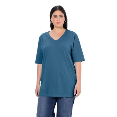 Image de Ulla Popken Femme Grandes Tailles T Shirt à Manches Courtes et col V, Coupe Relaxed Fit Bleu Jean 54+ 515283721