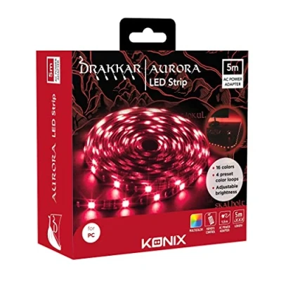 Image de Konix Drakkar Bande lumineuse LED Aurora 5 m pour bureau PC gaming Revêtement autocollant 16 couleurs Connexion prise de courant