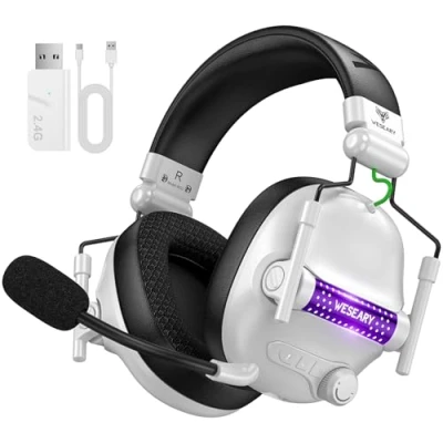 Image de WESEARY WG2 Casque Gaming sans Fil, 2,4 GHz Bluetooth Fil avec Micro pour PS5, PS4, PC, Switch, Mac, Mobile, Pliable Son Stéréo et Éclairage LED, Batterie de 50h