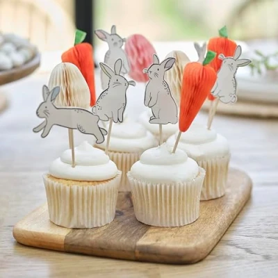 Image de Ginger Ray Toppers with 6X Bunnies, Carrots &amp; 3X Honeycomb Eggs 12 Pack, Easter Cupcake, Multi, 0.08 g (Pack of 12)