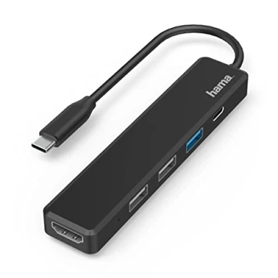 Image de Hama Hub USB C Multiports (Adaptateur 5 en 1: 3 A, 1 Power Delivery PD, HDMI, Station d&#039;Acceuil Ordinateur Portable/Tablette MacBook Pro, Air, iPad Dell et XPS) Noir