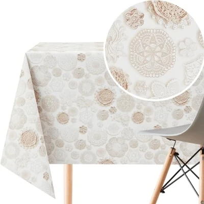 Image de KP HOME Nappe Toile Cirée Rectangulaire 140x300 cm Plastique Facile à Nettoyer Jusqu&#039;à 10 Places, PVC Cirée Étanche Vinyle, Motif de Dentelle Beige avec des Fleurs ornées Design