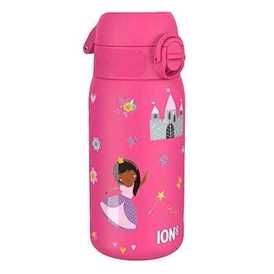 Image de Ion8 Gourde Enfant Inox 400ml, Anti Fuite, Facile à Ouvrir, Verrouillage Sécurisé, Lavable au Lave Vaisselle, Poignée de Transport, Nettoyer, Durable, Acier Inoxydable, Design Princesse