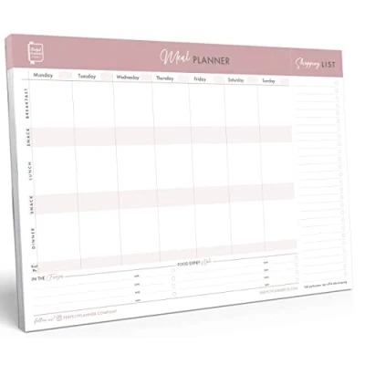 Image de Perfect Planner Company Bloc Magnétique de Planification Hebdomadaire des Repas A4 Détachable Liste Courses Perforée Suivi Calories et Dates d&#039;Expiration Sombre, Paysage, 50 Pages