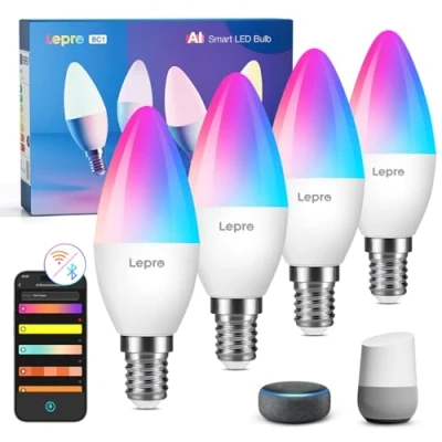 Image de Lepro BC1 IA Ampoule Connectée E14, Compatible avec Alexa et Google Assistant, Ampoules E14 WiFi Bluetooth Intelligentes, Multicouleurs RGBCCT, Contrôle Vocal, Music Sync, Lot de 4