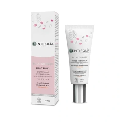 Image de CENTIFOLIA Fluide Hydratant Eclat de Rose Une Peau intensément hydratée Le teint lumineux repulpée et confortable Fabriqué en France Bio 40ML