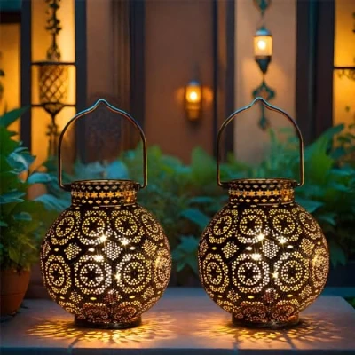 Image de TRIROCKS Lot de 2 Lampes Table Marocaines en Métal 18 cm H Lampe sans Fil Alimentée par Batterie avec Ampoule Guirlande Lumineuse LED Parfaite pour Maison Salon Fêtes Intérieur Exterieure (Marron)