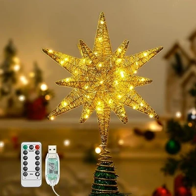 Image de Lewondr Etoile Sapin de Noel, Pointe d&#039;Etoile Hexagonale pour Noël Alimenté par Pile/USB avec Lumières LED + Base en Spirale, Decoration Noel Intérieur Maison Salon Chambre Jardin Or