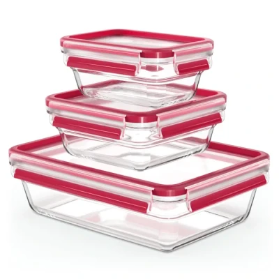 Image de Tefal Lot de 3 Boîtes Conservation en verre, 2 rectangulaires 0,45 L et + 1 carrée 0,8 L, des aliments, Empilable, Compatible four congélateur, Masterseal Fresh N1050910
