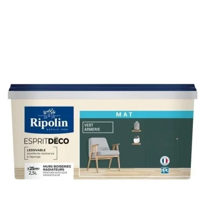Image de Ripolin Peinture Intérieure Multi Supports Murs, Boiseries &amp; Radiateurs Ultra Couvrante Lessivable Application Facile Ecolabel Aspect Mat 2,5L Vert Armerie