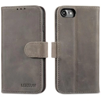 Image de LENSUN Coque iPhone SE 2022, Étui 7/8/SE 2020, Portefeuille en Cuir Véritable Housse avec Rangements Cartes et Fonction Stand pour 2022/2020 Gris Brun