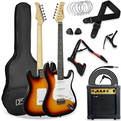 Image de 3rd Avenue XF Pack Ultime Guitare Électrique 4/4 Taille Standard avec Ampli 10 W, Jack, Stand, Housse, Sangle, Jeu de Cordes Rechange, Médiators et Capodastre Soleil