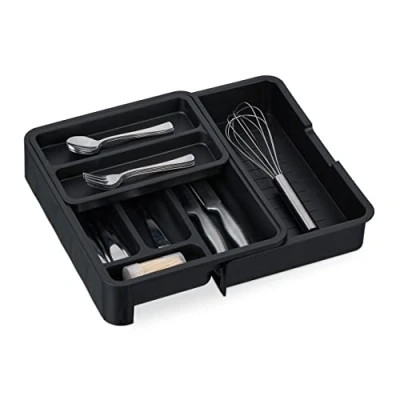Image de Relaxdays Bac à Couverts Extensible, Bambou, H x L P : 6,5 23,5 40 31,5 cm, 7 Compartiments, en Plastique, Noir