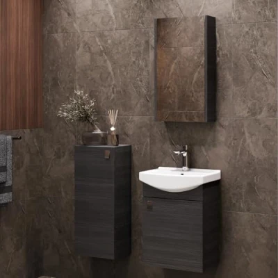 Image de Planetmöbel Ensemble complet de salle bain composé d&#039;un meuble bas 45 cm avec lavabo, armoire à miroir et 1 midi en anthracite Kit 4 pièces