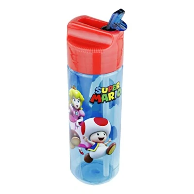 Image de p:os 33165 Gourde pour Enfants, Environ 540 ML, Design Transparent avec Motif Super Mario et Paille intégrée à Rabat, en Plastique, sans BPA phtalates
