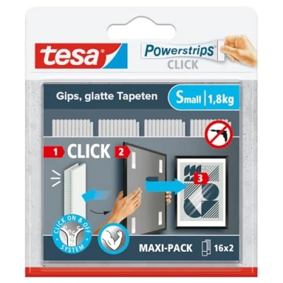 Image de tesa Powerstrips CLICK Pastilles Adhésives à Clipser et Déclipser pour Cadres Décorations Murales sans Percer avec Système ON OFF Small 16 x 2 Pièces