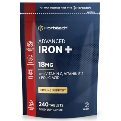 Image de Fer Complément Alimentaire avec Acide Folique Vitamine B12 et C 14mg 180 Gelules Vegan Iron Supplement Tablets Complement Système Immunitaire par Horbaach