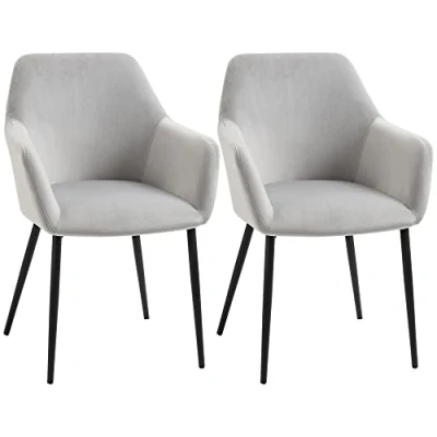 Image de HOMCOM Lot de 2 chaises salle à manger, cuisine, rembourrées, avec dossier, aspect velours, pieds en acier, pour salon, gris clair, 54 x 57 80 cm