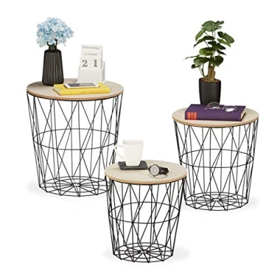 Image de Relaxdays Korbtisch Table d’appoint, Lot de 3, Panier pour Le Salon, en métal et Aspect Bois, 3 Tailles, Bout canapé, Noir