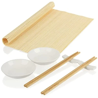 Image de com four® Set à Sushi 7 pièces avec Baguettes, Bol, Tapis Rouler et Repose Baguettes bel Ensemble de Service Accessoires Cuisine Bols pour sauces (Service sushis pièces)