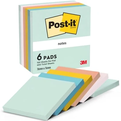 Image de Post it Notes, Couleurs Beach, Pack de 6 Blocs, 100 Feuilles par Bloc, 76 mm x mm, Vert, Jaune, Orange, Bleu, Rose Notes Autocollantes pour Prise Listes Tâches et Rappels